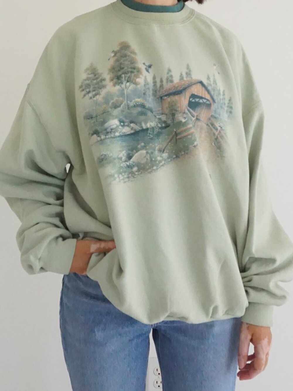 Vintage Morning Sun Sage Green Bridge Bird Scenic Country Nature Sweater L